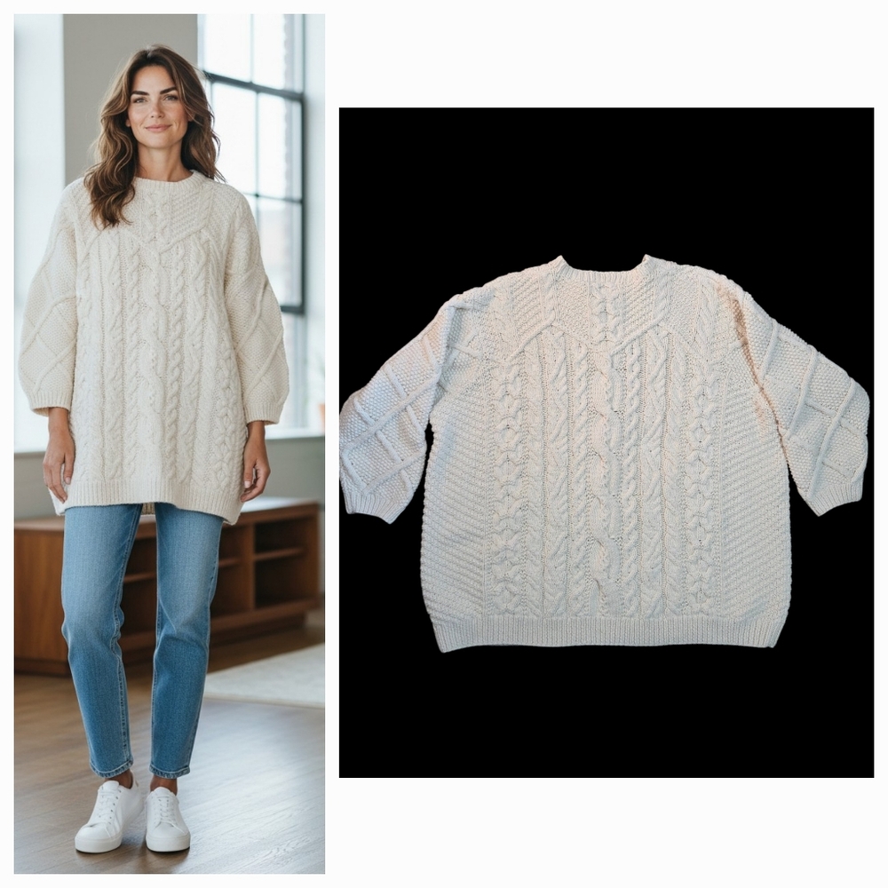 Y2K Eddie Bauer Sweater Aran Knit Fisherman Cotton Cable Women XXL Cream Vintage